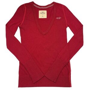 VTG Y2K Hollister Women's Long Sleeve V Neck Sweater Top Sz M Red Valentines HCO